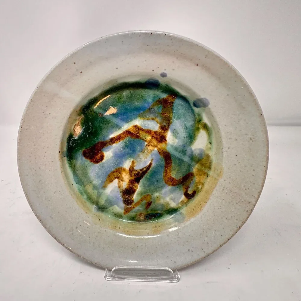 Vintage Studio Pottery Berry Bowl Strainer Planter Abstract Blue Green 7x1.5”